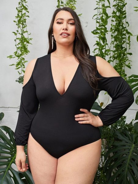

plus solid cold shoulder bodysuit c0p7#, Black