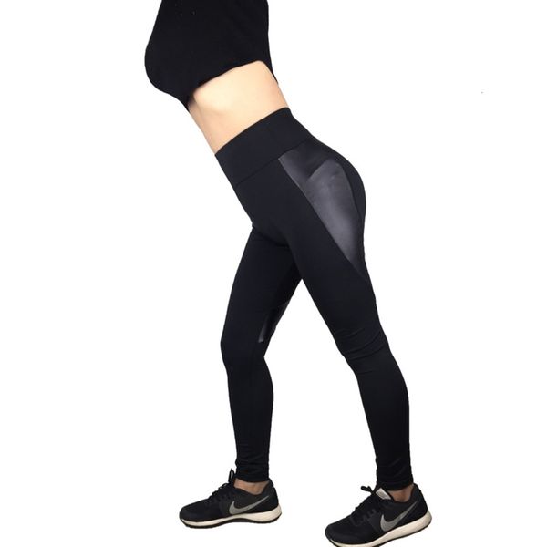 

leggings women's imitation leather splicing love sports yoga pants, Black