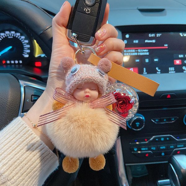 Schöne weiche süße Puppe Schlüsselanhänger kreative Rex Kaninchenfell konservierte frische Blumen Zubehör Autos und Taschen Anhänger kleines Geschenk Großhandel