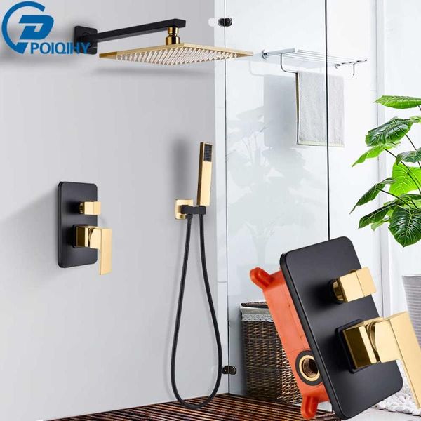 

poiqihy black golden shower set wall bathroom shower mixers brass rainfall concealed system embedded box mixer valve