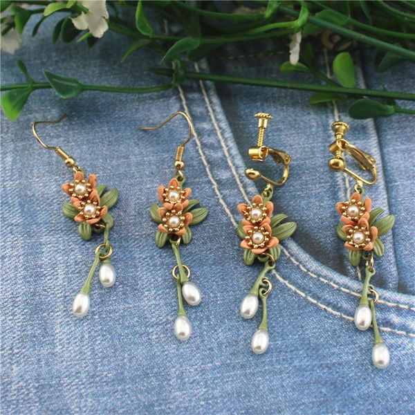 

stud retro green paint gardenia earrings chrysanthemum pearl ear hook clip accessories female, Golden;silver