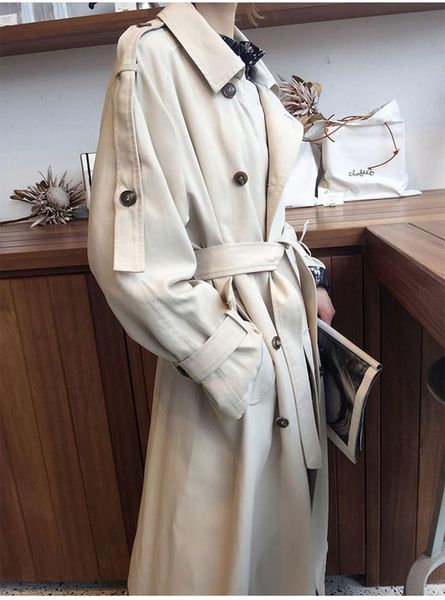 

chic women trench coat casual women's long outerwear loose overcoat with belt winter fashion double-breasted windbreaker femme, Tan;black
