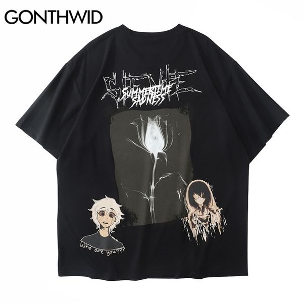 

tees shirts streetwear harajuku japanese anime cartoon rose print tshirts hip hop fashion punk rock gothic casual 210602, White;black