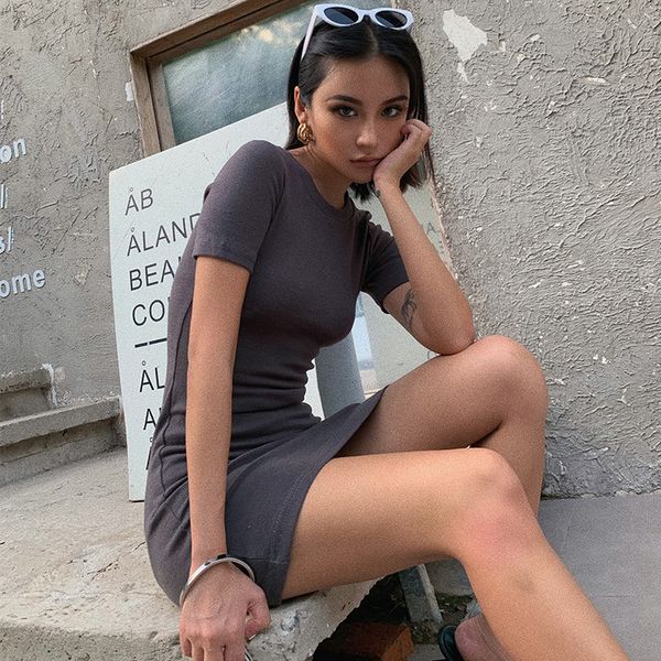 

2021 summer cotton short sleeve mini dresses o neck high waist women club party dress streetwear 8738, Black;gray