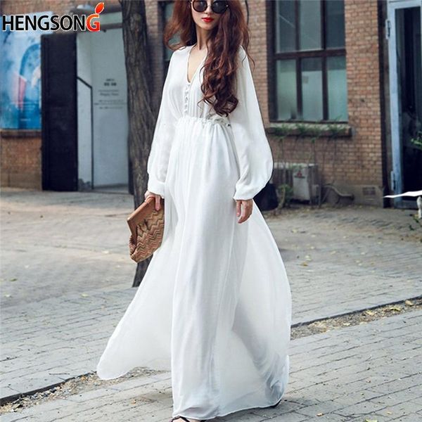 

casual dresses women maxi dress v-neck long sleeve elegant chiffon bohemian white party, Black;gray