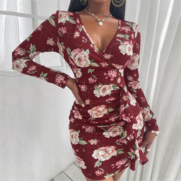 

casual dresses chronstyle elegant floral print v-neck dress 2021 vintage ruffles long sleeve autumn spring bodycon pencil female vestidos, Black;gray