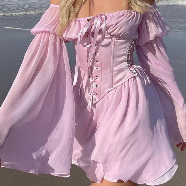 

casual dresses beach style pure color lace up off shoulder waist dress female summer 2021 sweet fashion pleated a line women short, Black;gray