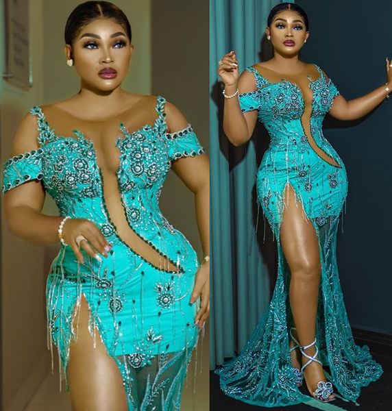 

2022 plus size arabic aso ebi blue luxurious mermaid prom dresses beaded crystals evening formal party second reception gowns dress zj511, Black