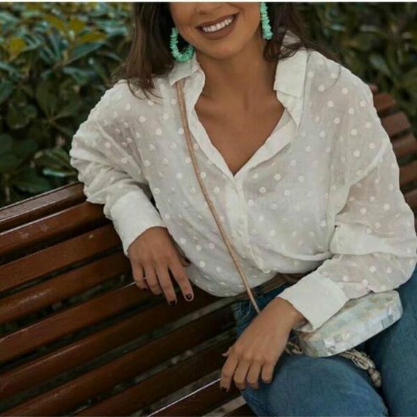 

women's blouses & shirts summer women long sleeve dot mesh office ladies see-through shirt 2021 casual street v-neck blouse, White