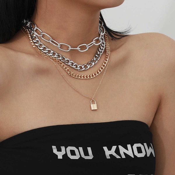 

jewelry fashion personality multi-layer suit temperament versatile lock chain collar necklace, Silver