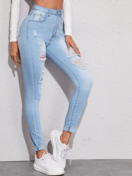 

high waist high stretch ripped jeans p4ou#, Blue