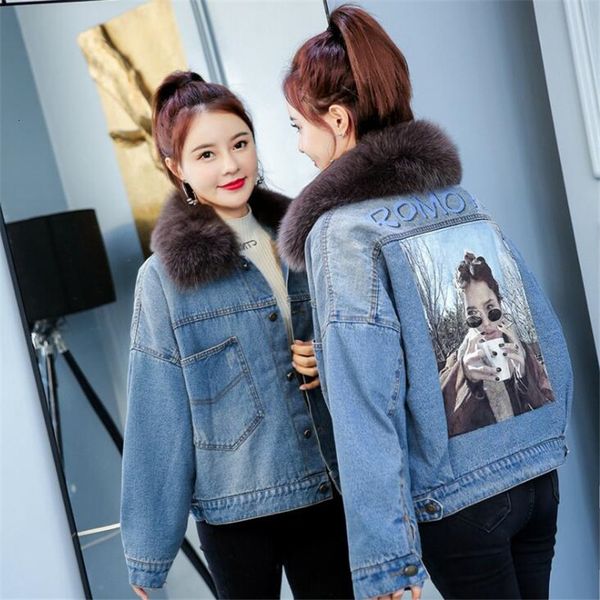 

thicken personality patterns jacket 2021 winter women loose flocking womens jackets thick warm pockets jeans coat outwear 7hhk, Black;brown