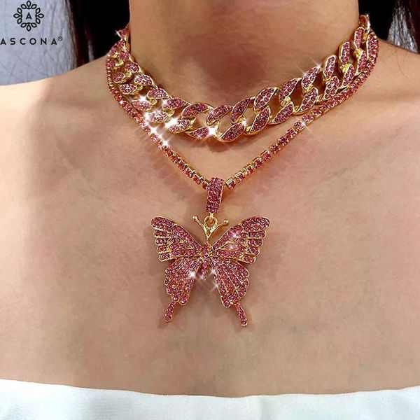 

pendant necklaces cuban punk iced out butterfly necklace set women link chain choker bling hip hop party jewelry gift for female, Silver
