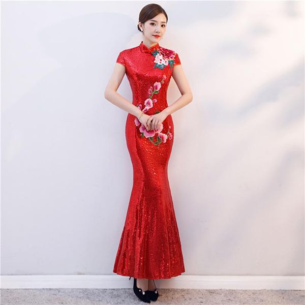 

red sequined fishtail long cheongsam dress women modern qipao chinois robe orientale traditional chinese gown vintage wedding