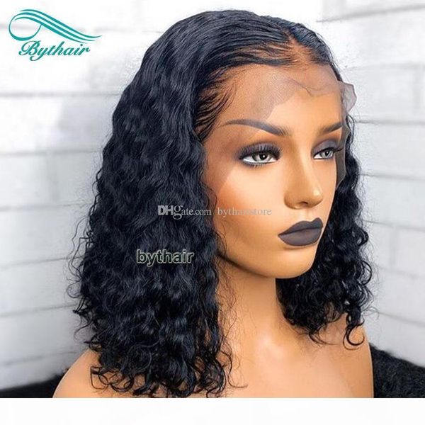 

bythair pre plucked short bob full lace human hair wigs for black women wet wavy lace front wig with baby hair bleached knots, Black;brown