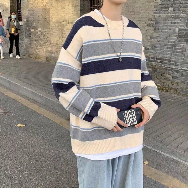 

men's sweaters striped sweater spring and autumn tide ins korean trend pullover jacket hong kong style loose round neck casual, White;black