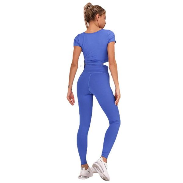 

yoga outfit net red burst pure color mosaic bow ribbon suit sports running short sleeve wear active women