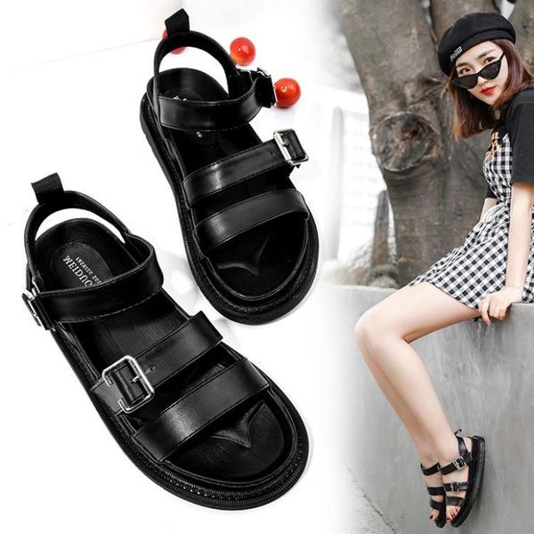 

casual women's black sandals 2021 buckle flat bottom