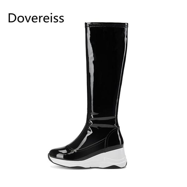 

boots dovereiss fashion female winter elegant consice zipper block heels pointed toe wedges casual knee high 44 45, Black