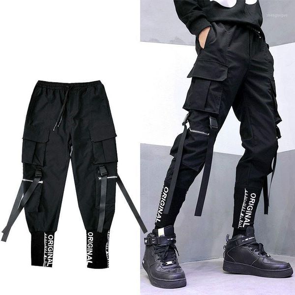 

hip hop ribbons harem pants men streetwear multi-pocket cargo pant casual joggers male harajuku slim fit sweatpant mens trousers men's, Black