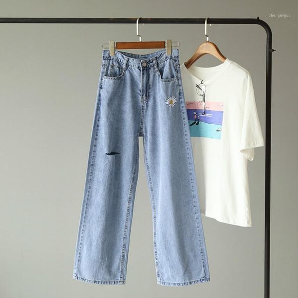 

women's jeans dm001 early summer korean version of wear thin chrysanthemum embroidery holes high-waisted straight, Blue