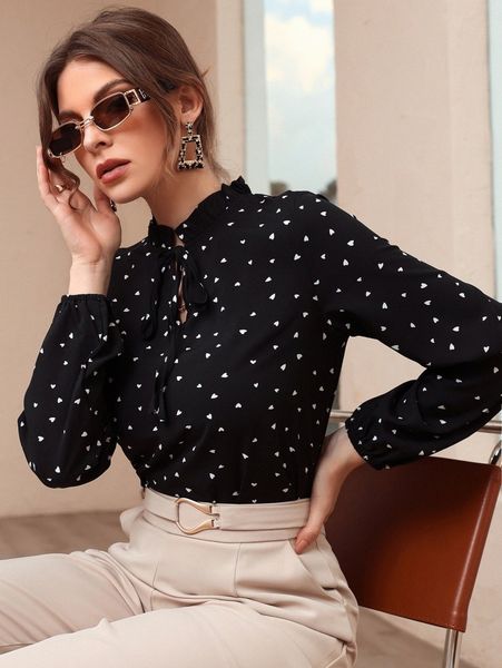 

heart print frill tie neck blouse c0ms#, White