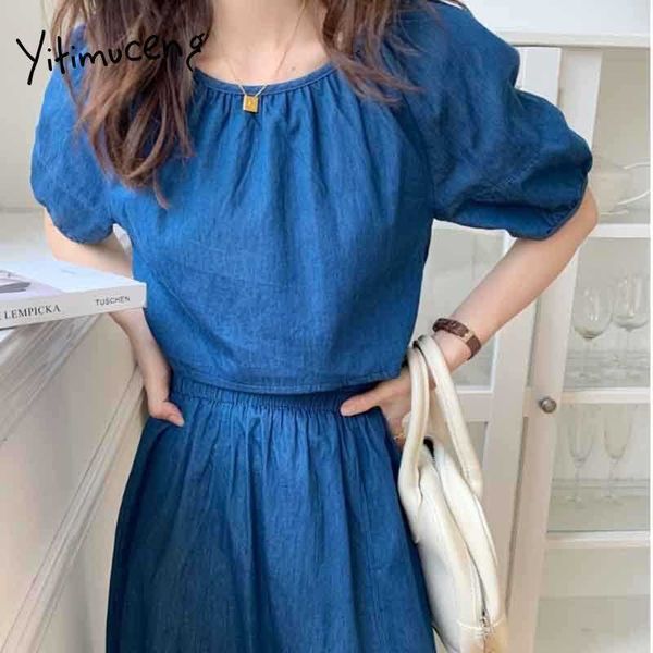 

yitimuceng 2 piece blouse and skirts denim suit for women backless short sleeve light blue dark blue summer fashion 210601, White