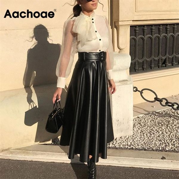

aachoae faux leather skirt women elegant tie belt high waist long pleated skirts vintage a-line midi skirt spring 210309, Black