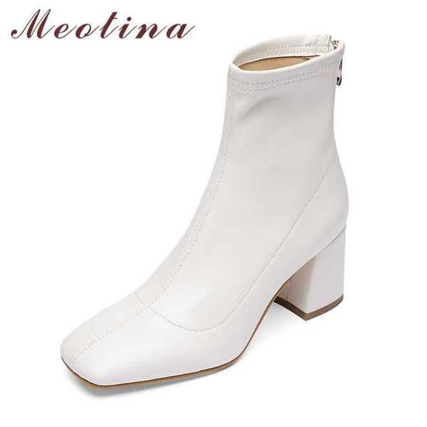 

meotina short boots women shoes zipper high heel ankle boots square toe chunky heels fashion ladies boots autumn winter beige 210608, Black