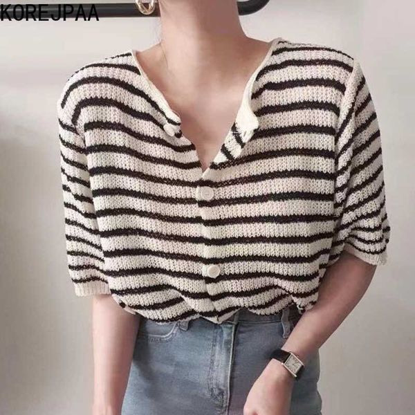 

korejpaa women t-shirt summer korean chic retro casual hit color striped single-breasted loose short-sleeved thin sweater 210526, White
