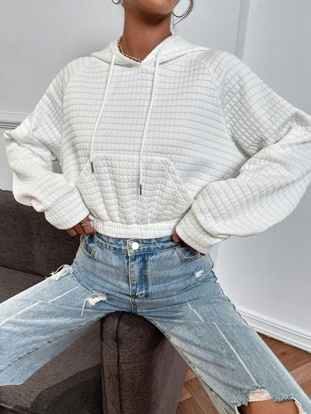 

quilted raglan sleeve kangaroo pocket drawstring hoodie y3u9#, White;black