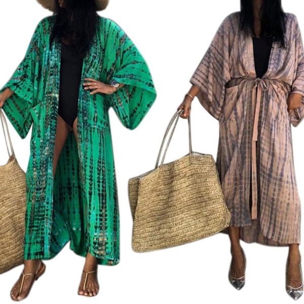 

women's swimwear women tie-dye striped print kimono cardigan summer sunscreen long sleeve belted beach maxi dress open front bikini swi, White;black