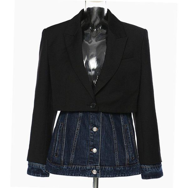 

women's suits & blazers seebeautiful stitching denim loose blazer coat notched long sleeve single breasred women autumn 2021 fashion ti, White;black