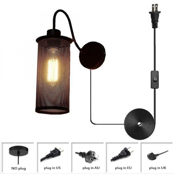

wall lamp mini gooseneck metal wire net sconce cylindrical black finish iron antique industrial light fixture