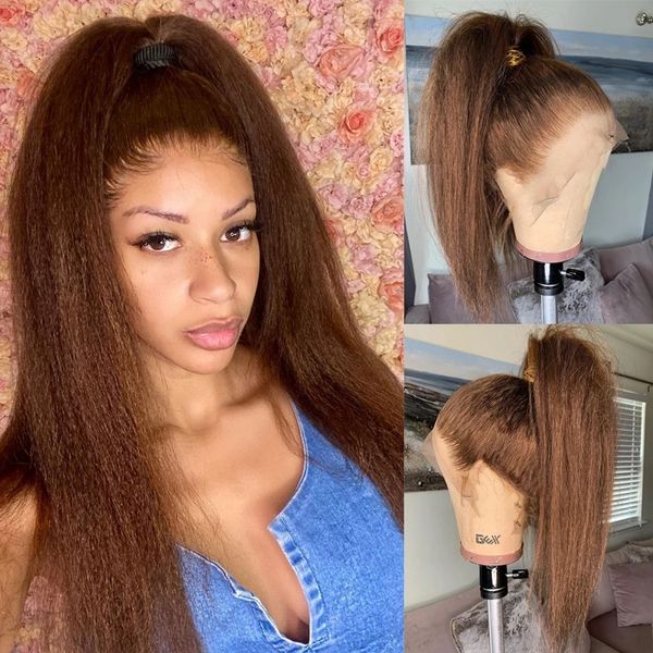 Kinky düz kahverengi dantel peruklar remy saçlar önde koparılmış bebek kılları yaki düzleri 180% 13x6lace ön insan kılları Wigss kadınlar için