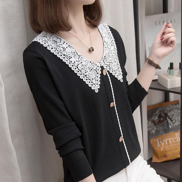 

plus size v neck knitted sweaters women 2021 autumn embroidery hollow out collar lady pullover jumpers oversize korean knit, White;black