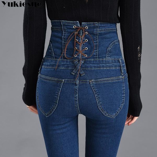 

women's jeans high waist denim pencil pants 2021 winter dark blue skinny woman for women korean chic show slim jean female plus size