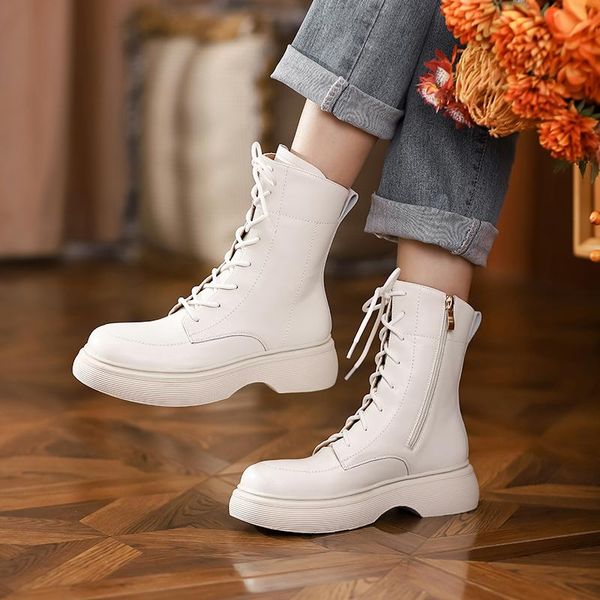 

boots cross tied platform women winter genuine leather chunky heels shoes for party casual woman, Black