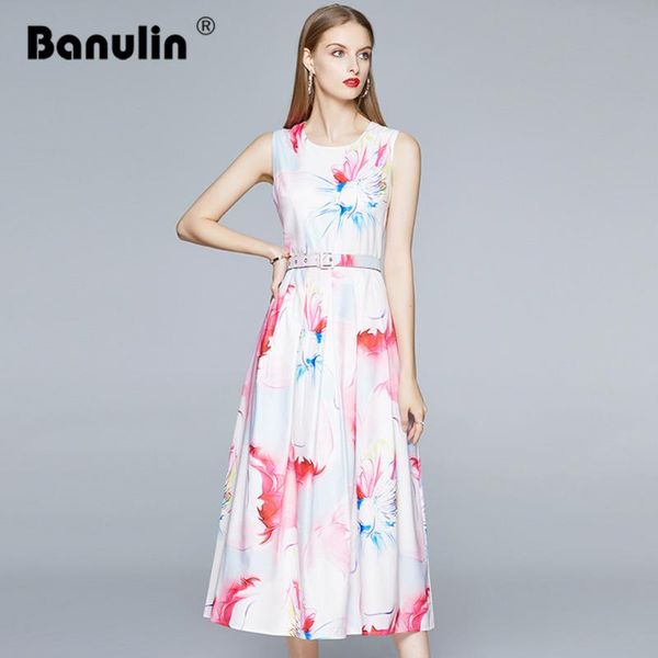

casual dresses banulin women pink sweet dress 2021 summer fashion runway floral tank female holiday vacation long with belt, Black;gray