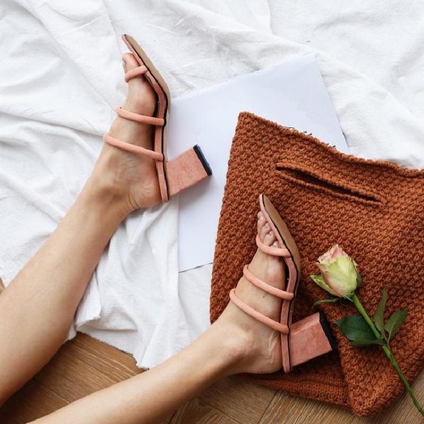 

deification chic suede slippers women summer slides new fashion narrow band slippers women med square heel mules chausson femme, Black