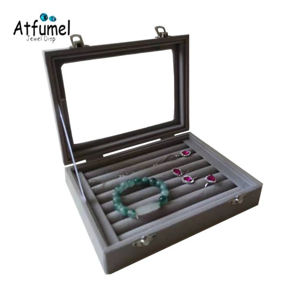 

velvet ring jewelry display box with glass lid earring jewellery organizer case cufflink packaging casket pendant showcase box, Black