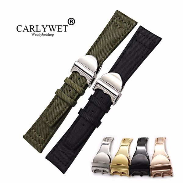 

watch bands carlywet wholesale 20 21 22mm green black nylon fabric leather band wrist strap belt with deployment clasp, Black;brown