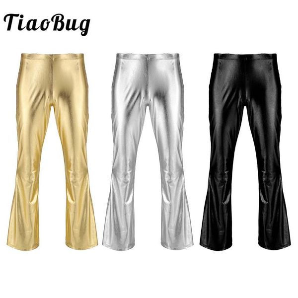 

men's pants tiaobug shiny metallic men retro disco long flare trouser club party festival rave stage ballroom jazz dance costume, Black