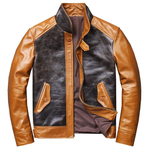 

men's leather & faux vintage fashion cowhide jacket man genuine winter coat men brand imported slim fit street contrast jackets 2022, Black