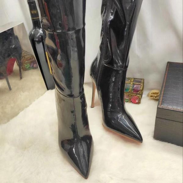

boots 2021 over knee zipper high heels pointed toe warm female shoes party mirror bright light women, Black