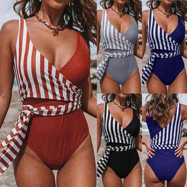 Cassa Croce con scollo a V Lace Up Swimsuit Costume da bagno Swimsuit Sexy Striped Costume da bagno Bikini 220106