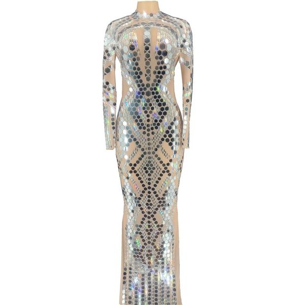 

casual dresses shining silver mirrors sequins long dress women birthday prom party stage dance transparent mesh see through outfit, Black;gray