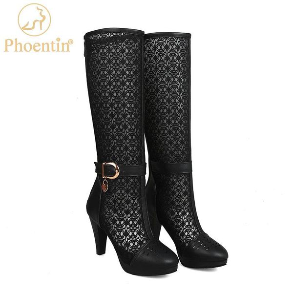 

boots phoentin white knee high summer woman 2021 spike heels long mesh zipper closure pu leather patch work shoe ft917, Black