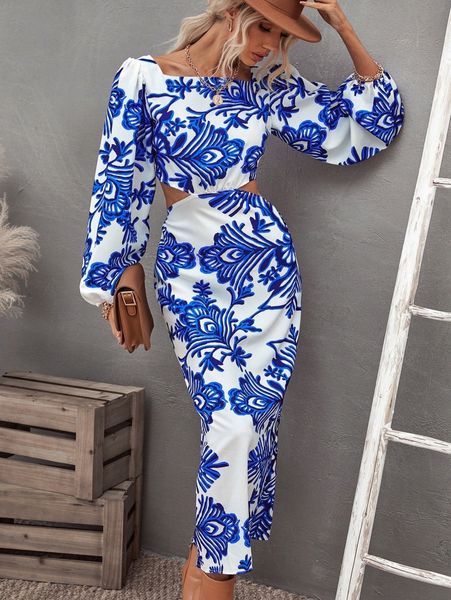 

floral print lantern sleeve cut out tie back dress c5aq#, Black;gray
