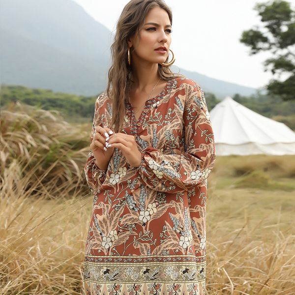 

2021 spring/summer new bohemian v-neck casual dress printed dress midi dress women's dress, and good quality dress, i, White;black